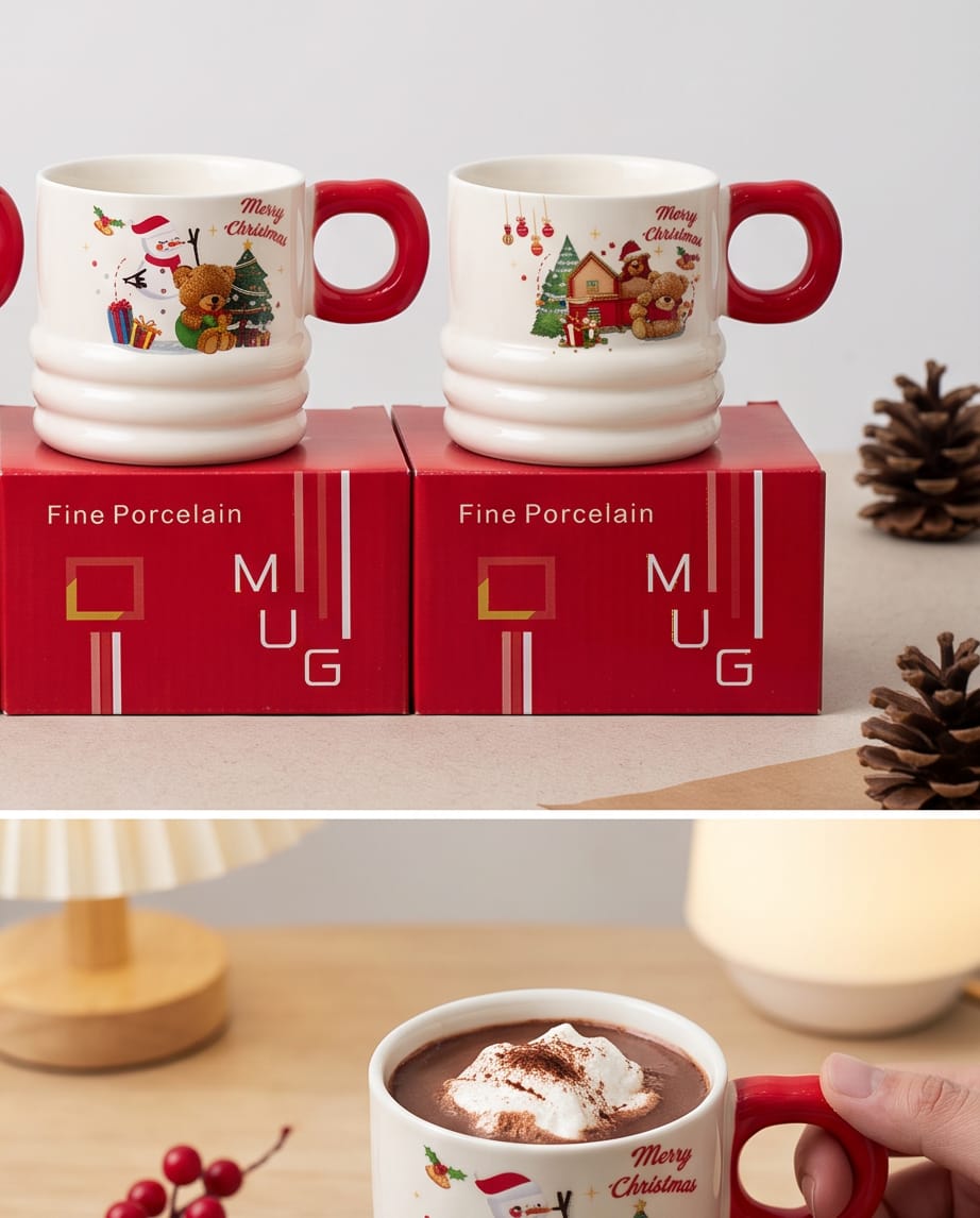 porcelain Christmas-themed mugs