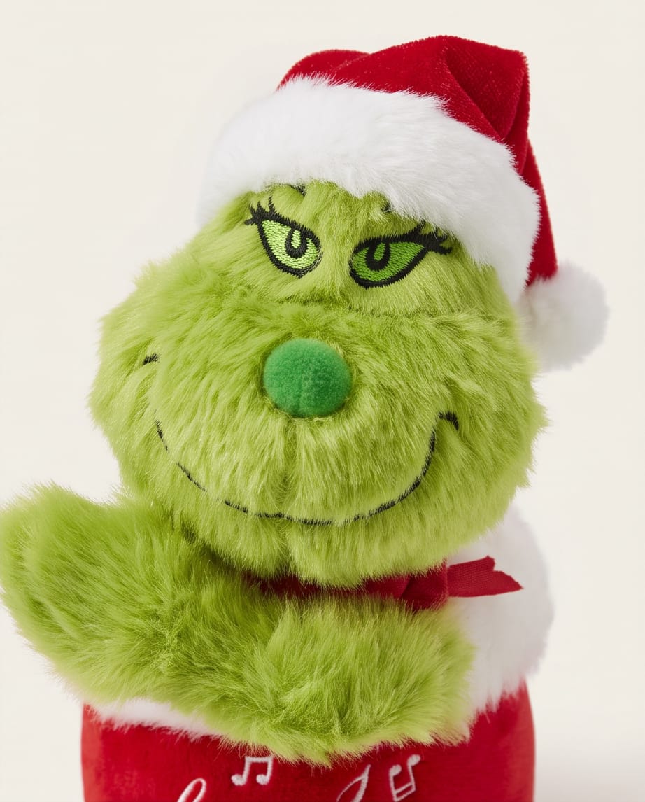 animated, musical Dr. Seuss Grinch plush toy.