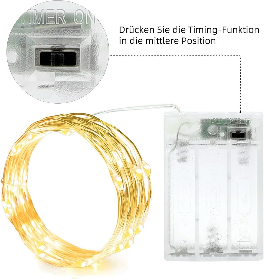 LED string lights with a flexible silver or copper wire.