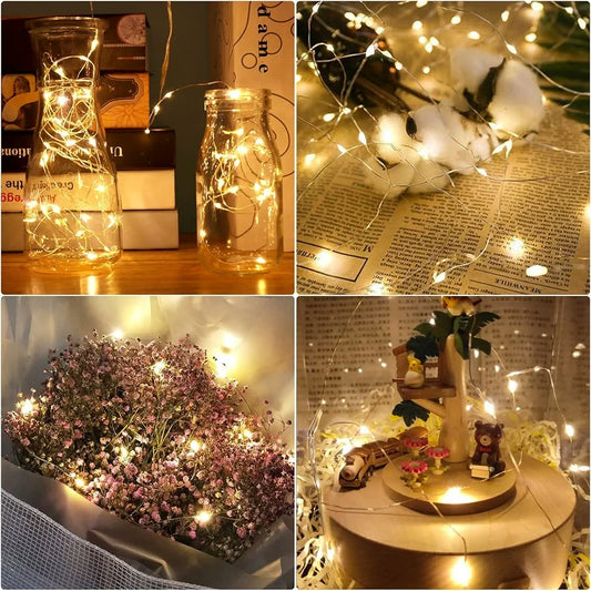 LED string lights with a flexible silver or copper wire.