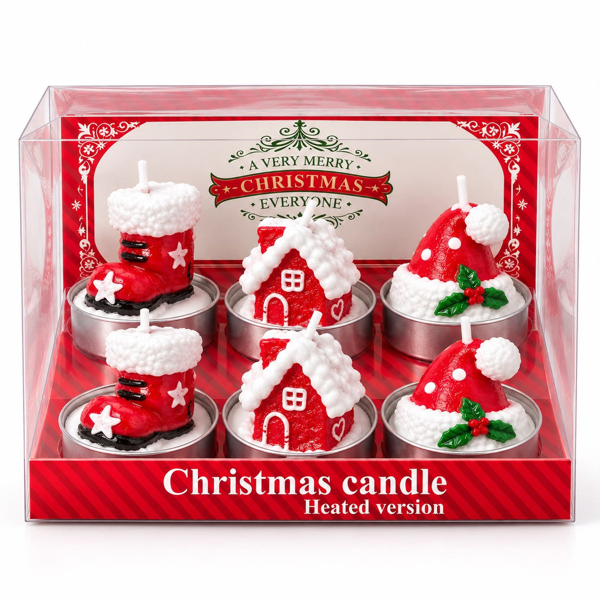 festive holiday tealight candles packaged in a clear gift box