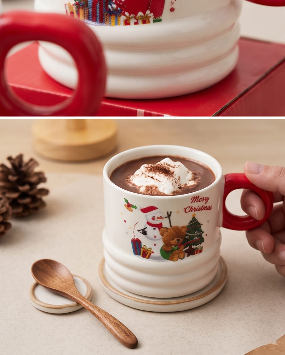 porcelain Christmas-themed mugs