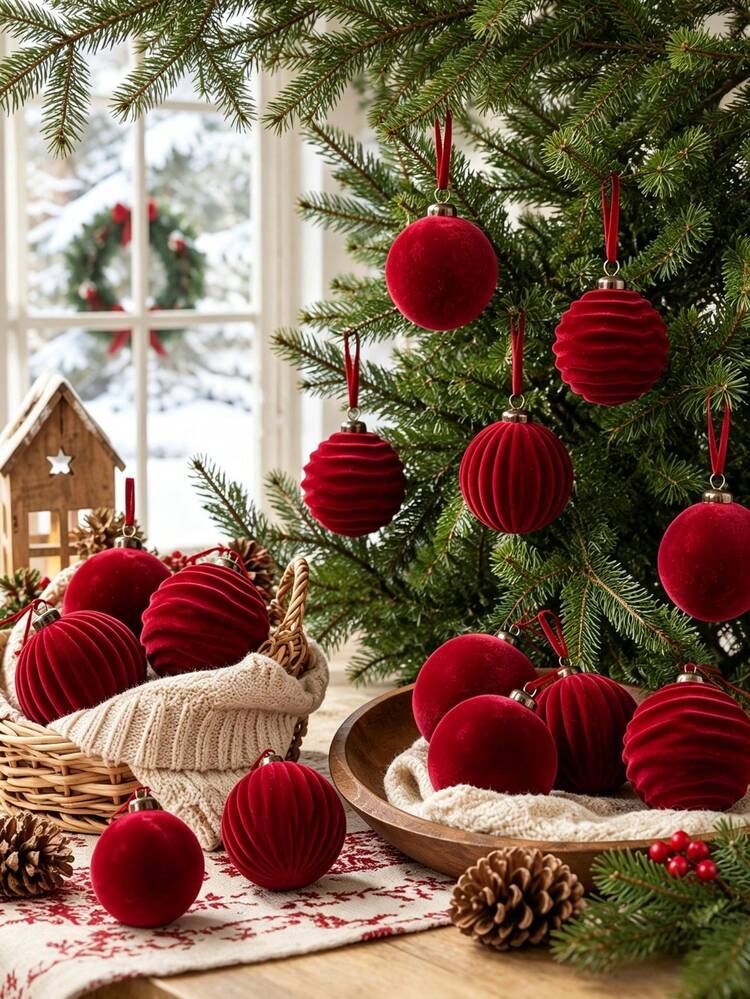 red velvet and ribbed Christmas tree ornaments