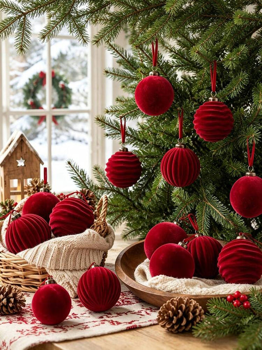 red velvet and ribbed Christmas tree ornaments