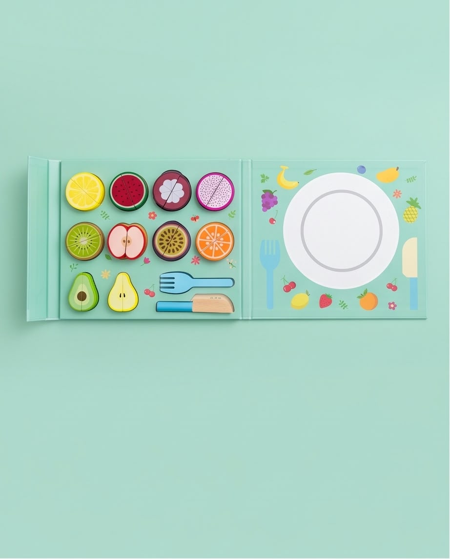 wooden magnet cutting fruits