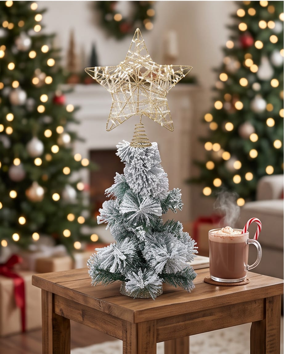 snow-flocked (frosted) tabletop Christmas tree