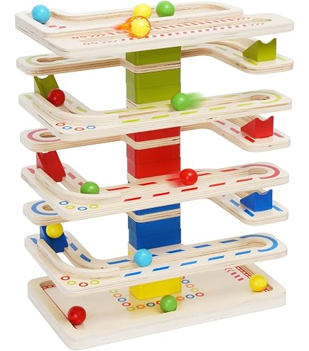wooden multi-tier ball drop and marble run toy tower