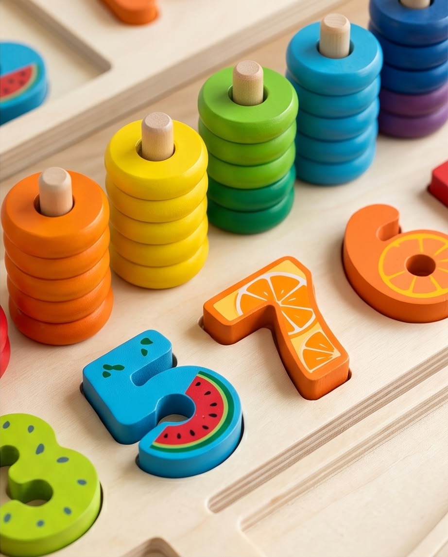 wooden math, number, shape, and fruit sorting board game