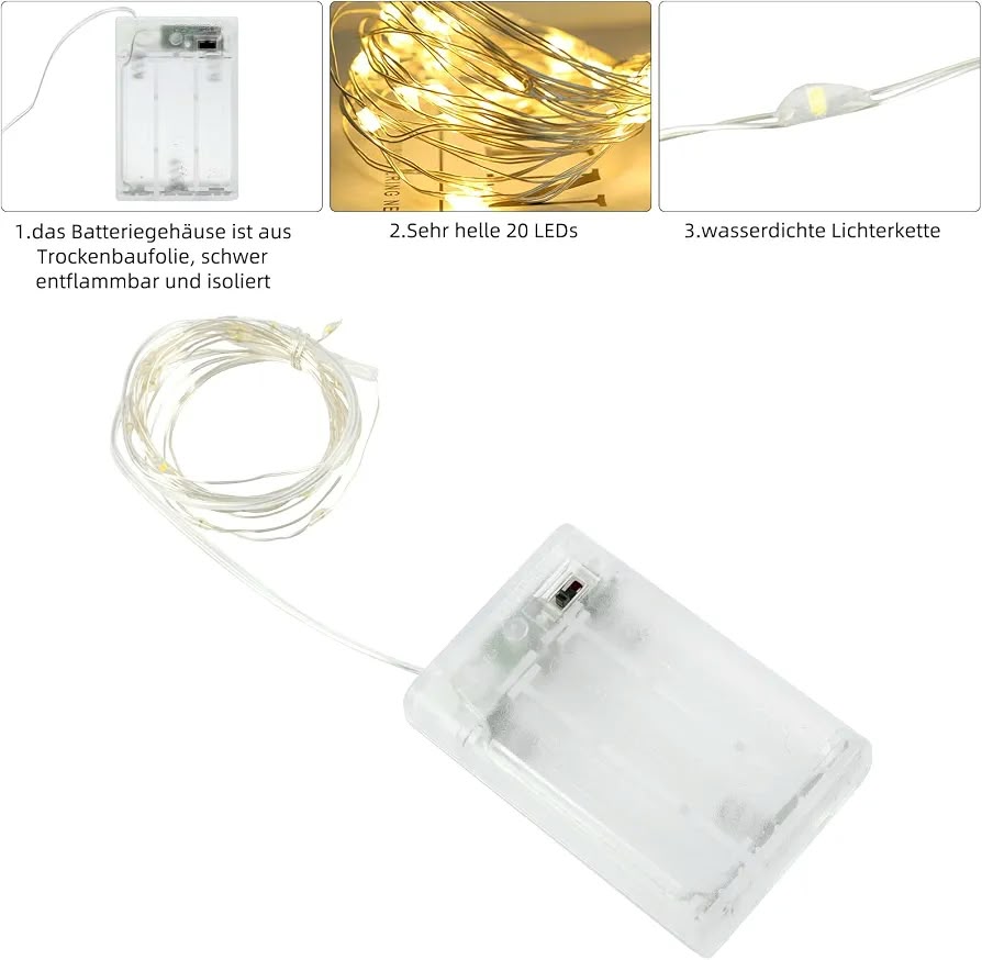 LED string lights with a flexible silver or copper wire.