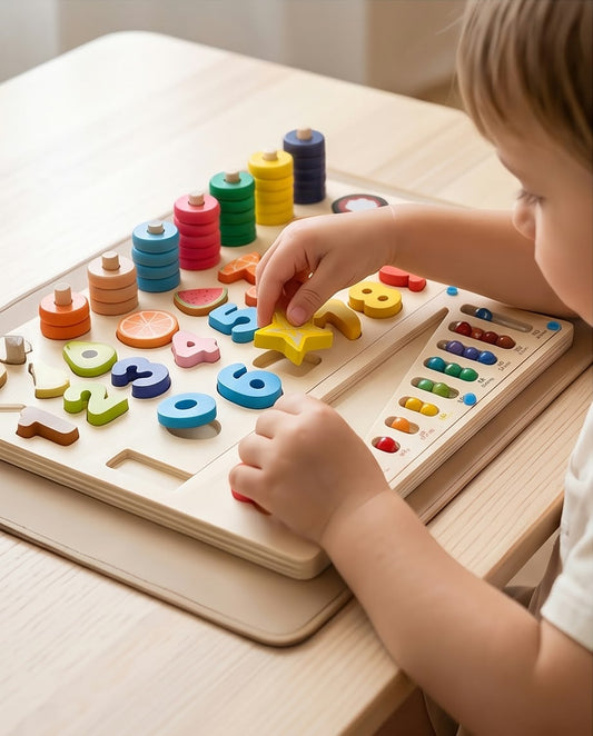wooden math, number, shape, and fruit sorting board game