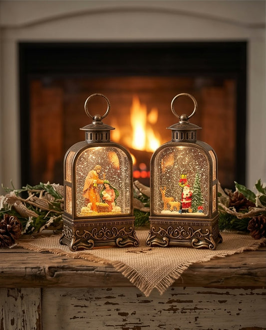 lighted Christmas water-swirling snow globe lanterns