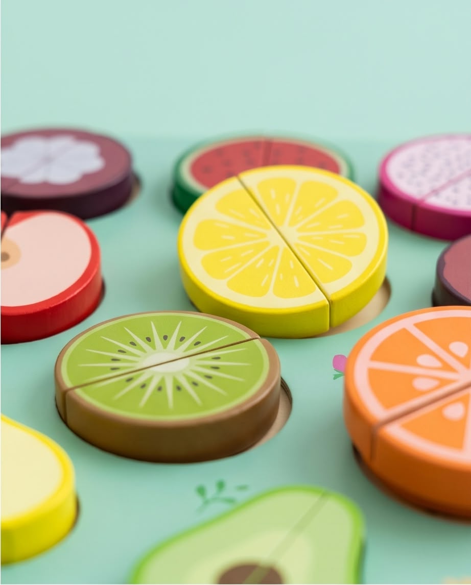 wooden magnet cutting fruits
