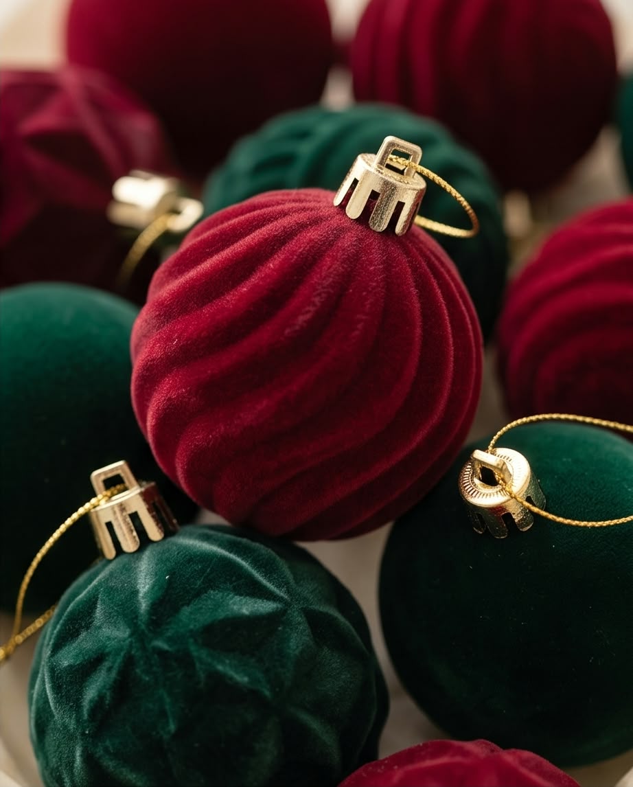 velvet-flocked Christmas tree ornaments