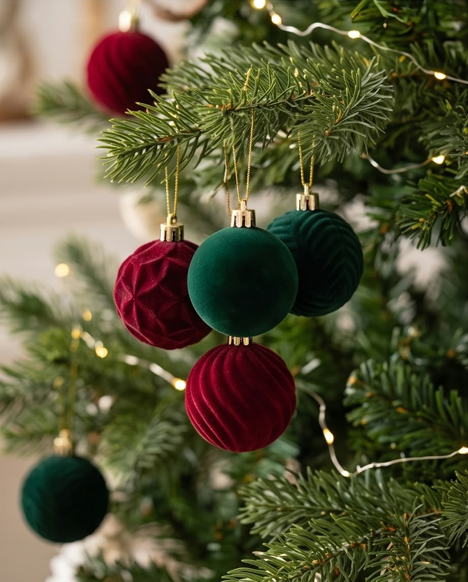velvet-flocked Christmas tree ornaments