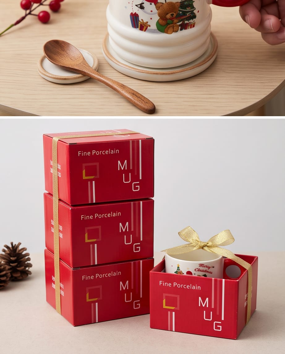 porcelain Christmas-themed mugs