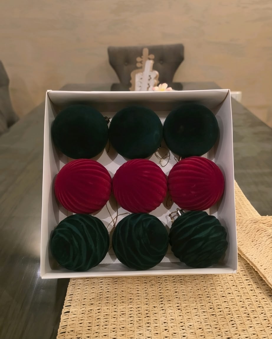 velvet-flocked Christmas tree ornaments