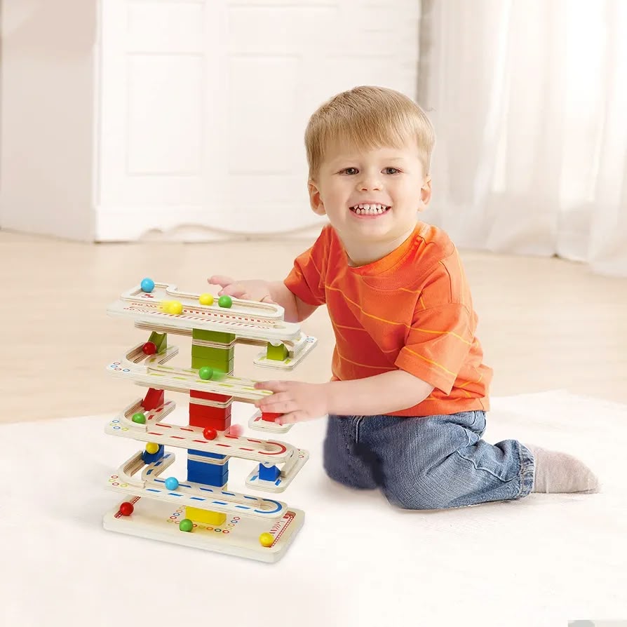 wooden multi-tier ball drop and marble run toy tower