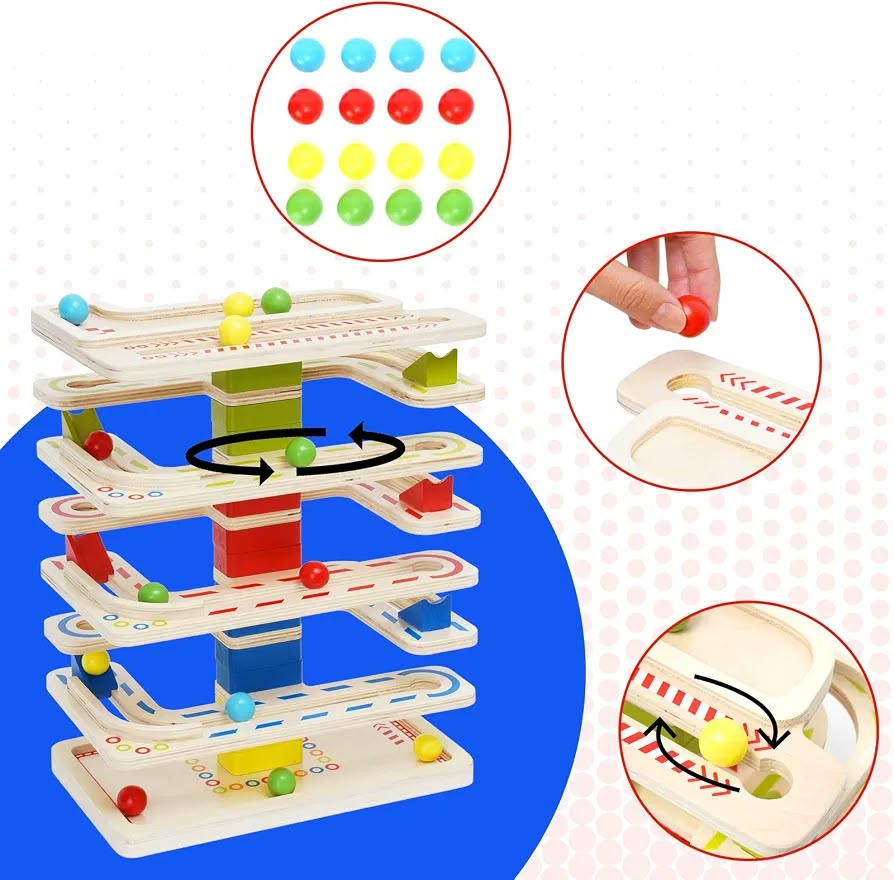 wooden multi-tier ball drop and marble run toy tower