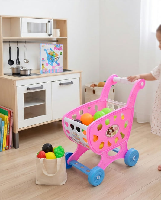 children's toy shopping cart and grocery playset