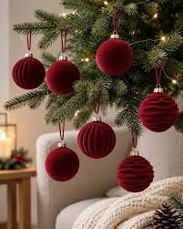 red velvet and ribbed Christmas tree ornaments
