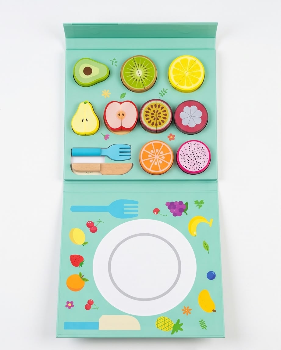 wooden magnet cutting fruits