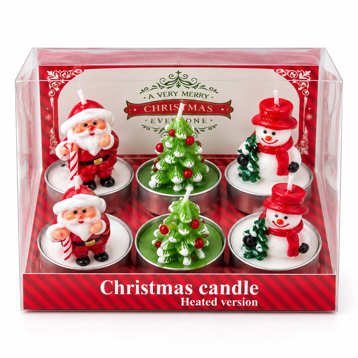 festive holiday tealight candles packaged in a clear gift box