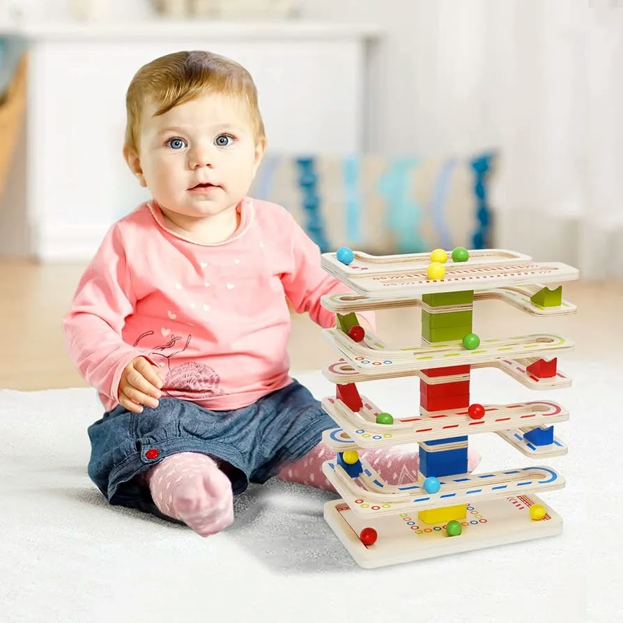 wooden multi-tier ball drop and marble run toy tower