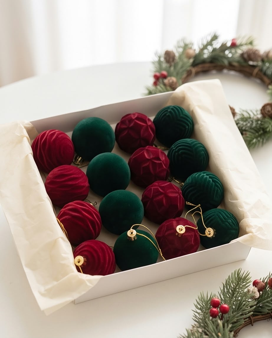 velvet-flocked Christmas tree ornaments