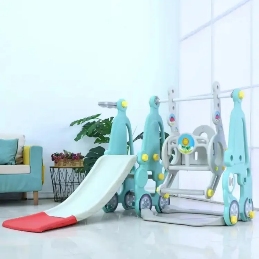 Multi task slide with basketball hoop and baby swing