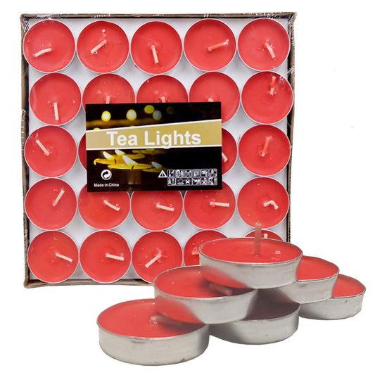 50 red, round, aluminum-cased tea light candles.