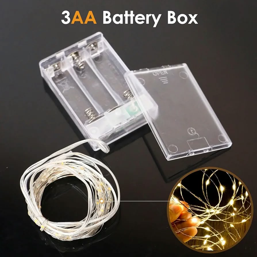 LED string lights with a flexible silver or copper wire.