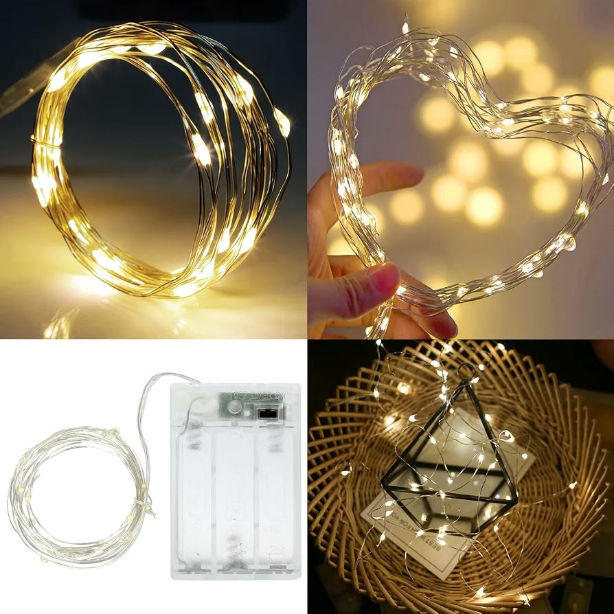 LED string lights with a flexible silver or copper wire.
