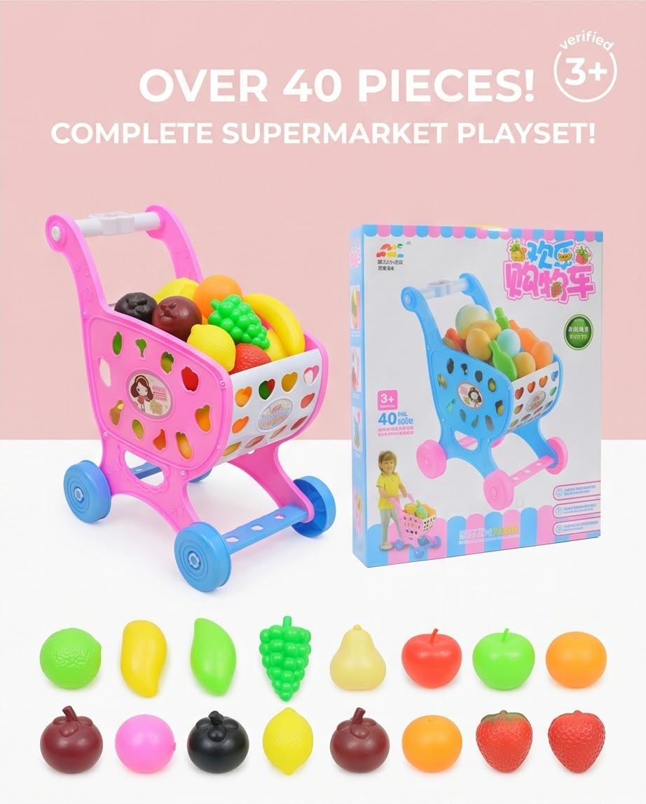 children's toy shopping cart and grocery playset
