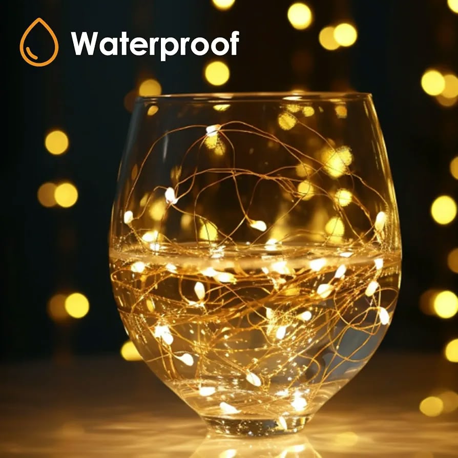 LED string lights with a flexible silver or copper wire.
