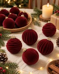 red velvet and ribbed Christmas tree ornaments