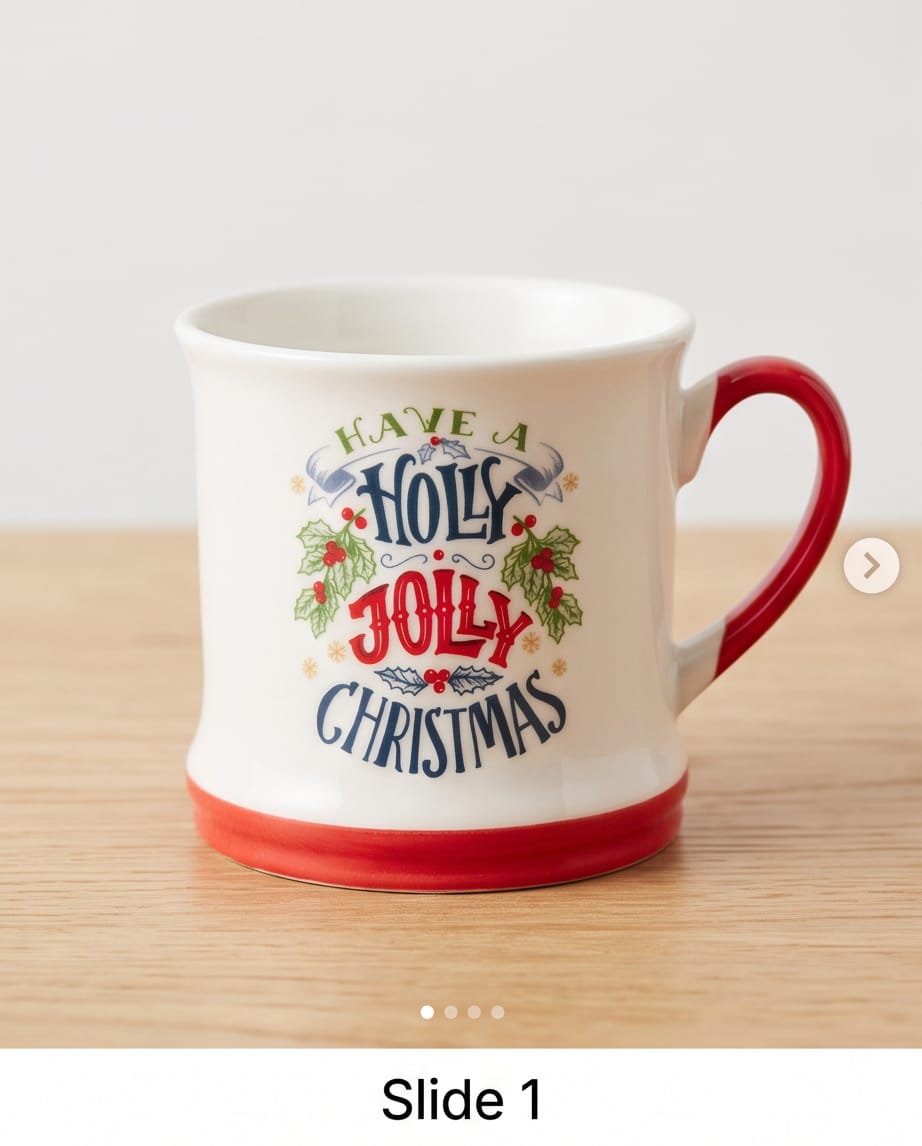 white ceramic Christmas tankard-style mug